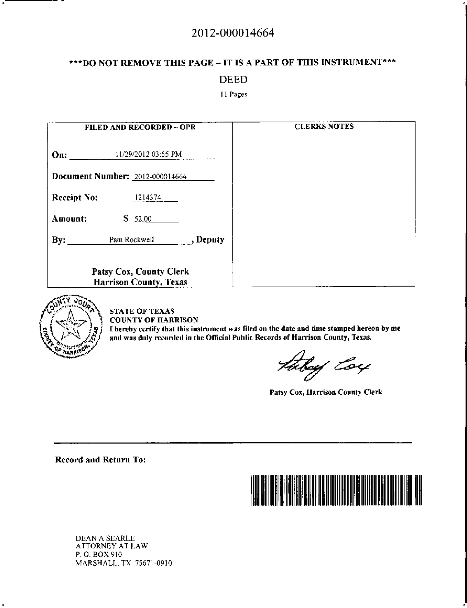 Oakwood Of Marshall Development L L P - Recorded Warranty Deed (Doc #DOC208S637)
